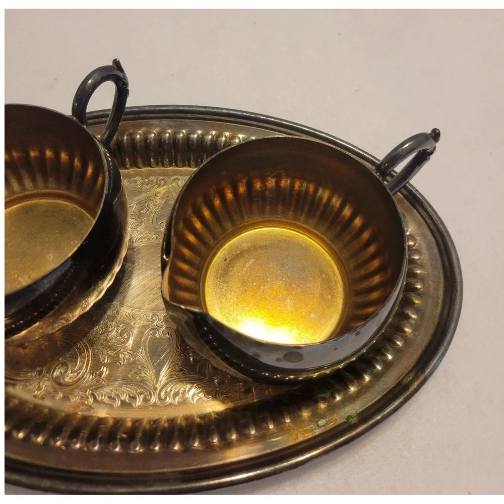 Vtg Oneida‎ Creamer Sugar Tray Set Silver Regency Tea Service MCM Tarnished